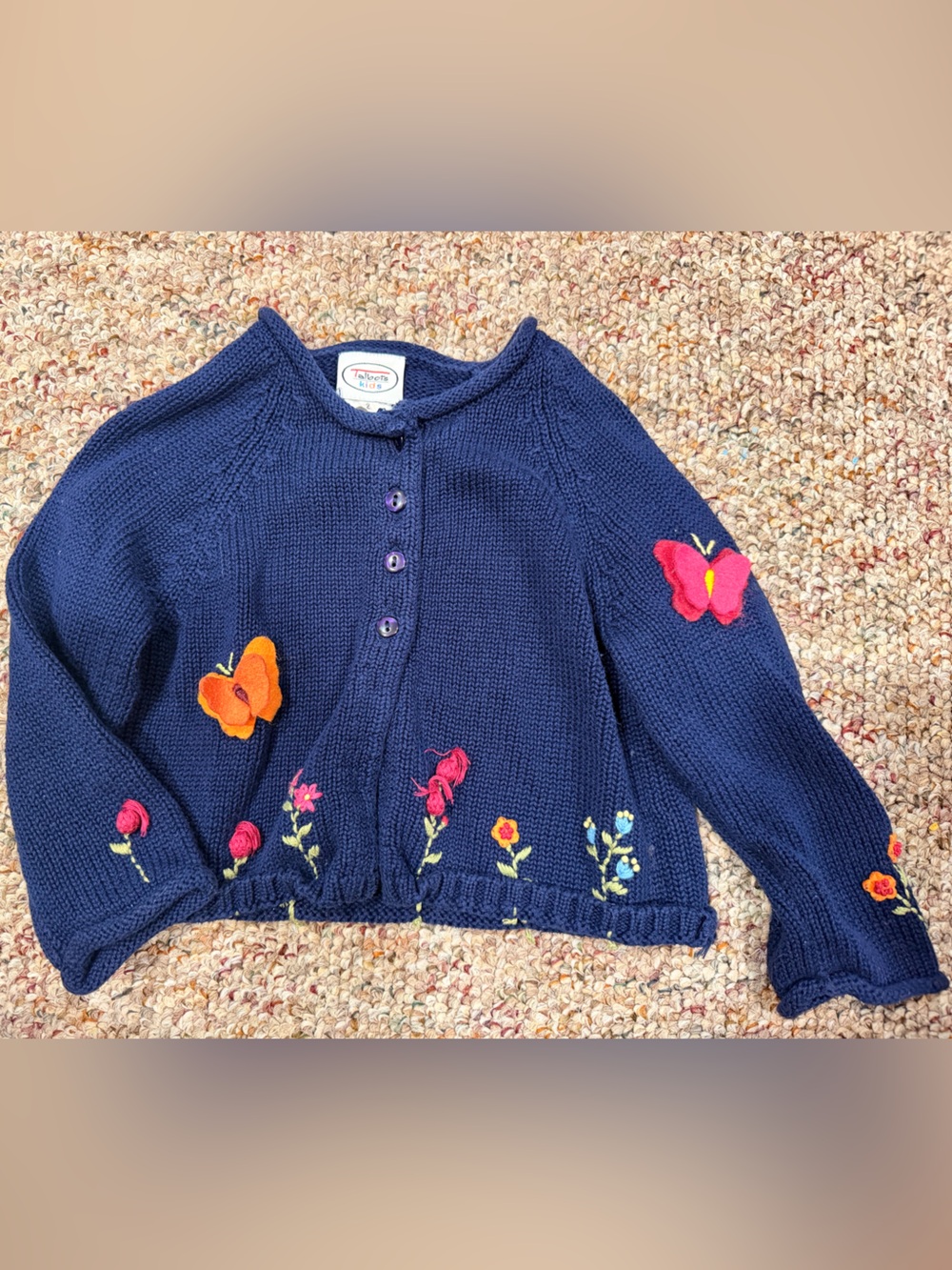 Talbots kid Navy Embroidered 3d Butterfly & Floral Girls Cardigan Jacket vintage
